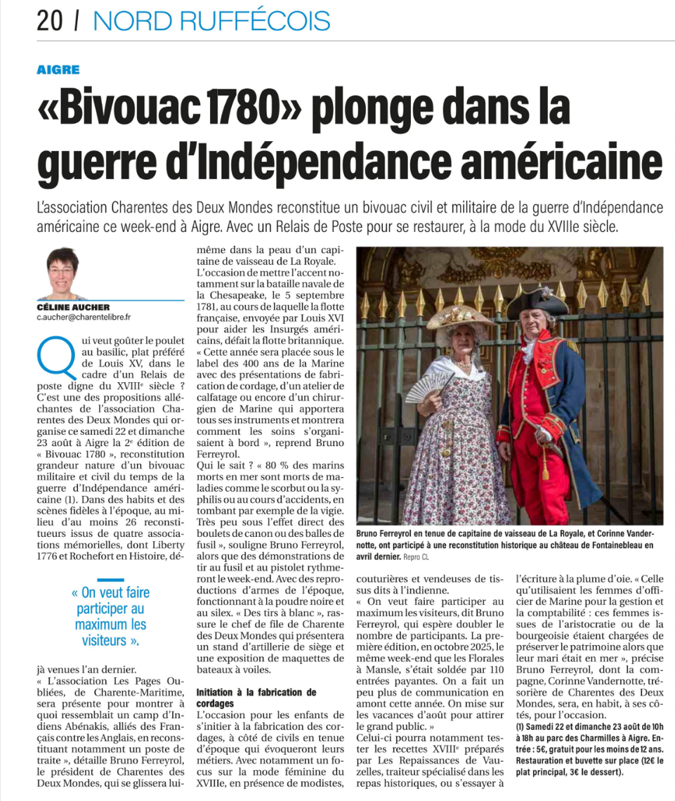 Article Charente Libre du 21 août 2026 : « Bivouac 1780 » plonge dans la guerre d'Indépendance américaine